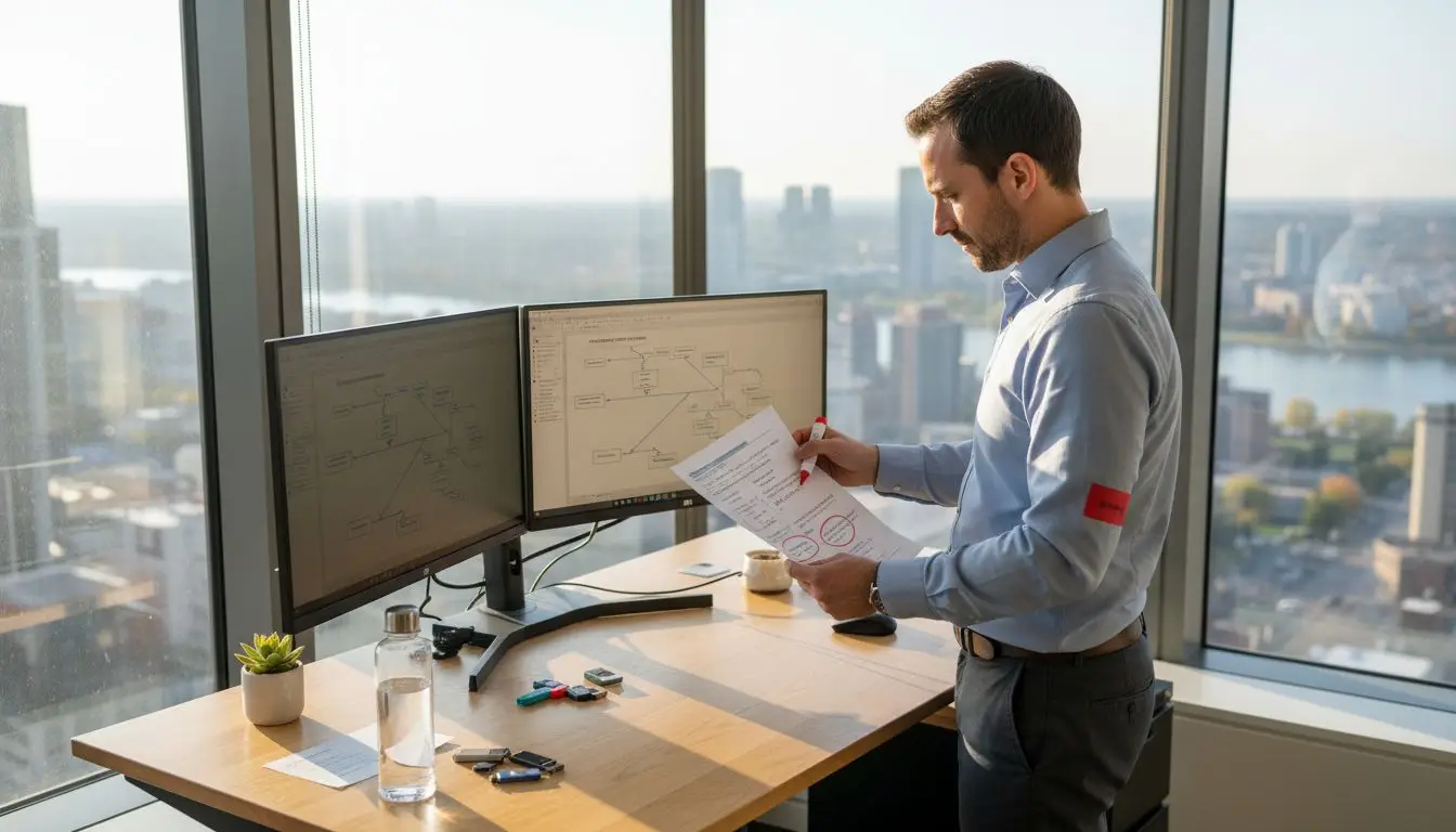 IT manager reviewing document workflow in office