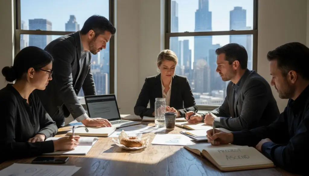 Team collaborating on shared documents in office