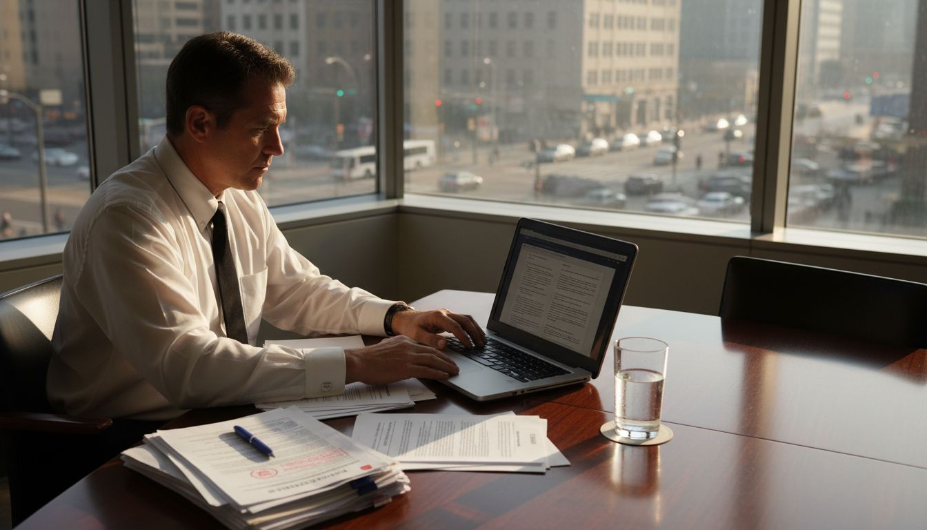 Legal officer reviewing PDF contracts in office