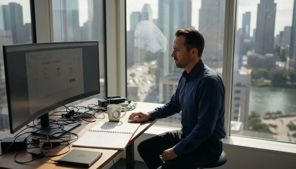 Manager uploads documents on standing desk