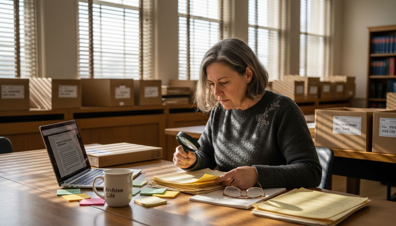 Archivist reviewing digital and paper files