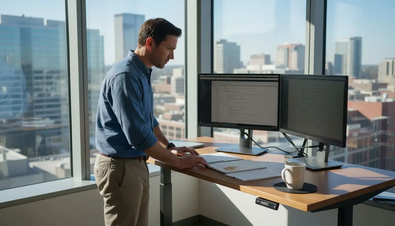 IT specialist reviewing PDF workflows in office