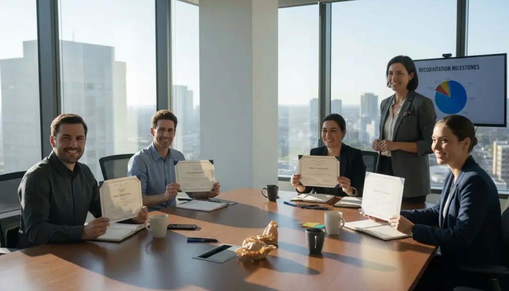 Office team celebrating employee recognition meeting
