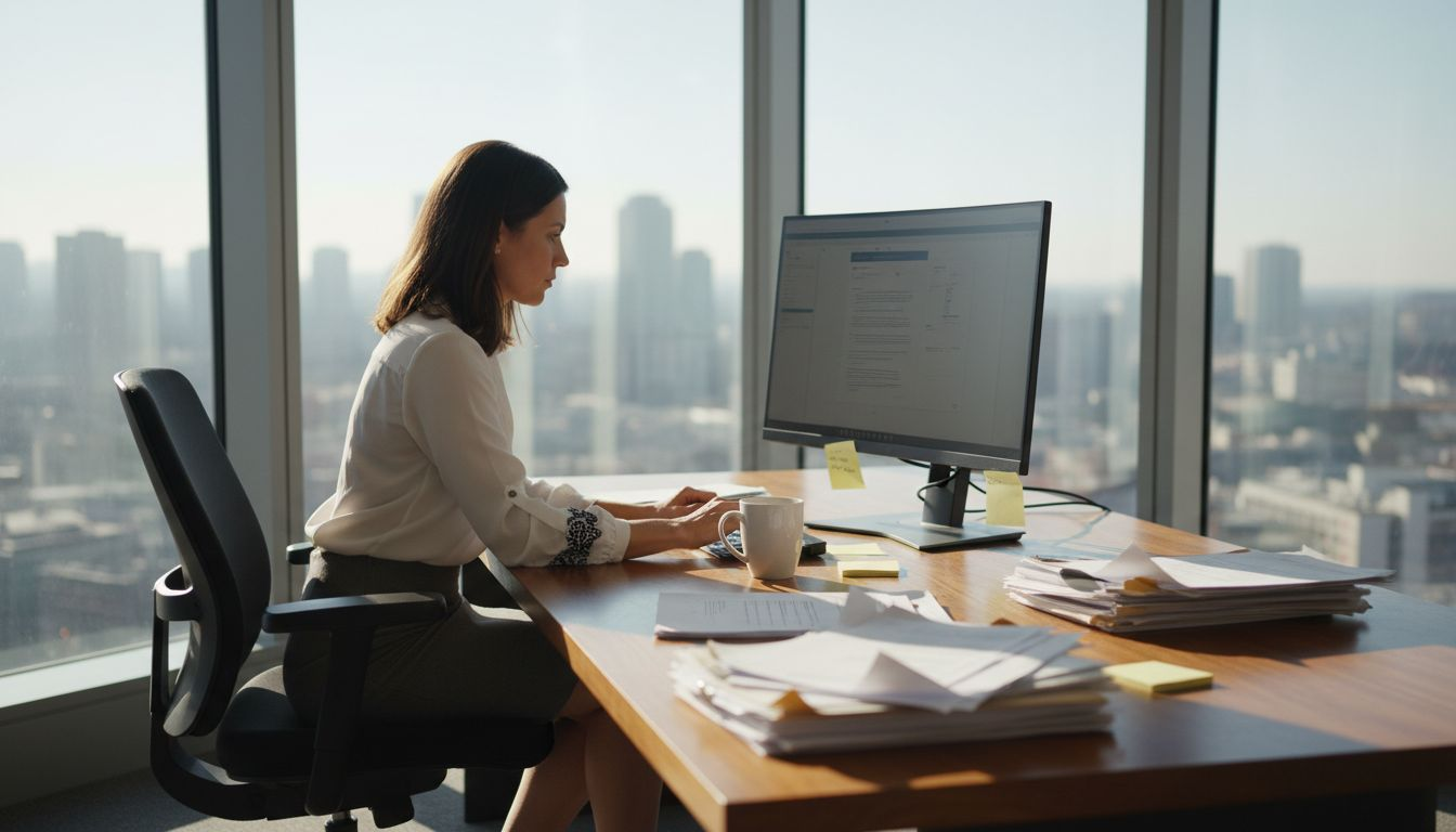 HR manager reviewing PDFs in office
