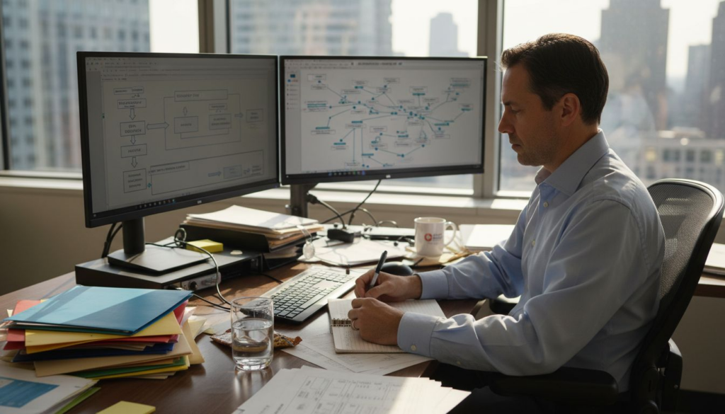 IT manager reviewing PDF workflow diagram