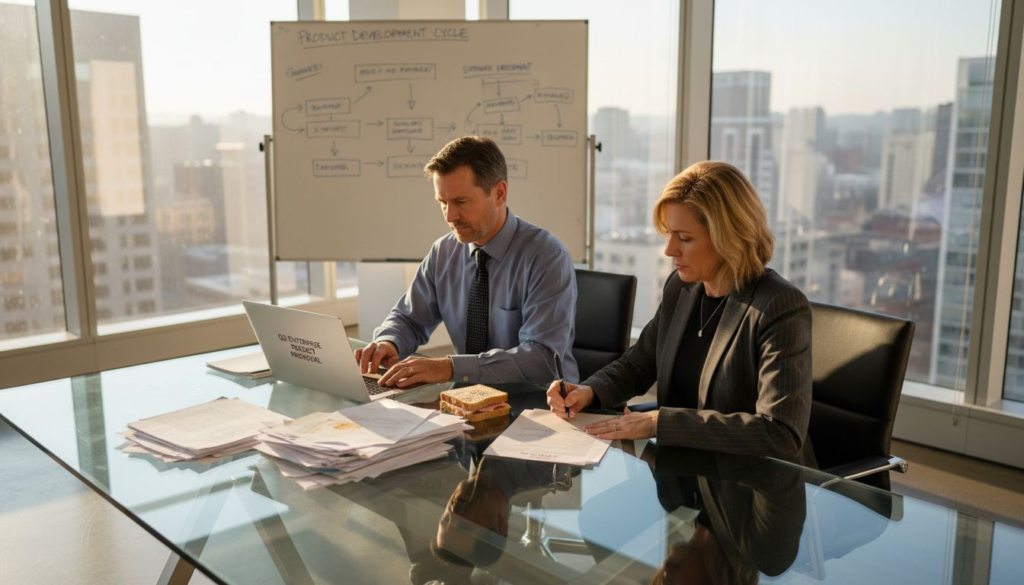 Office workers reviewing PDFs in corner office