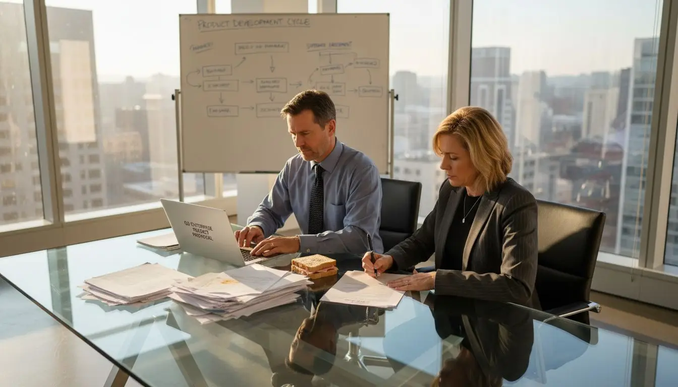 Office workers reviewing PDFs in corner office