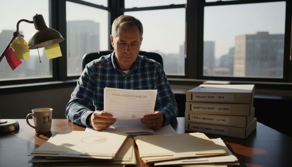 Records manager reviewing document preservation checklist