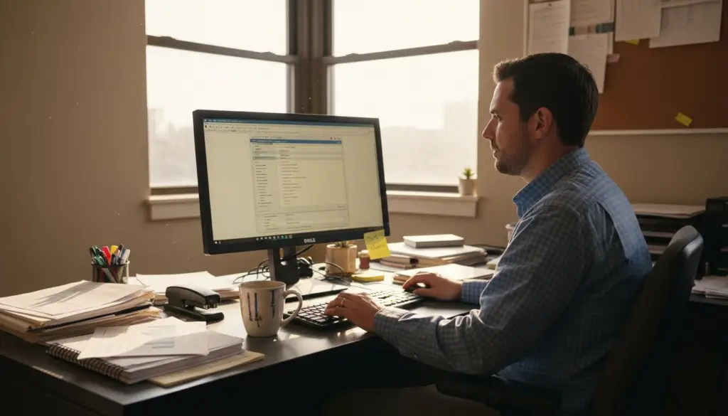 Worker editing PDF metadata in office
