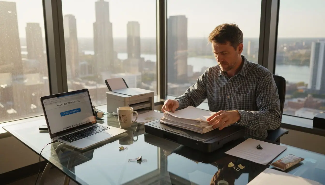 Worker preparing documents for online scanning