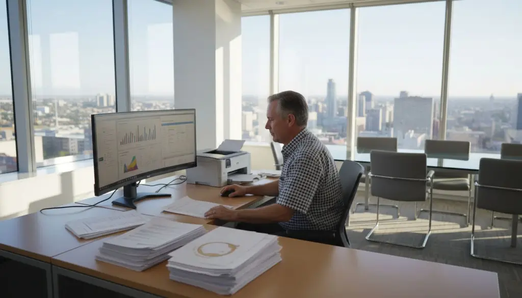 Office worker reviewing automated PDF workflows