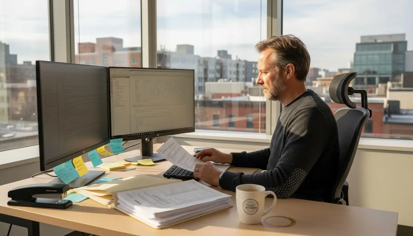 IT manager reviewing PDF workflow in office