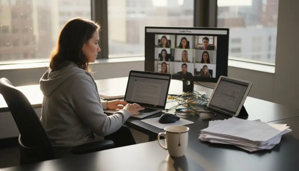IT manager collaborating virtually in office