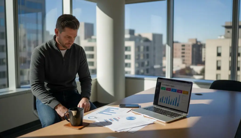 IT manager reviewing PDF workflows in corner office