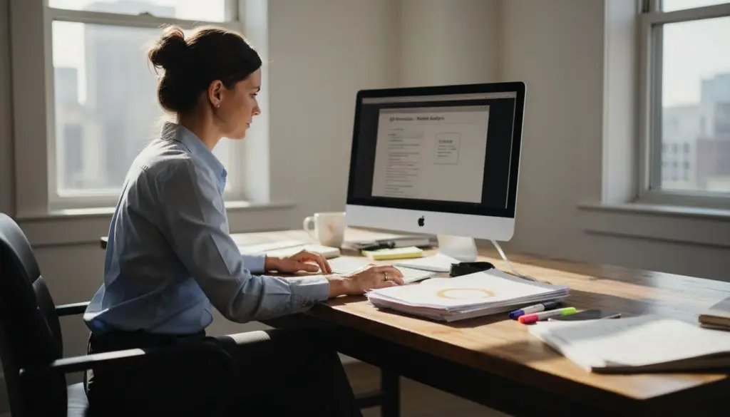 Analyst reviewing PDF workflow in office