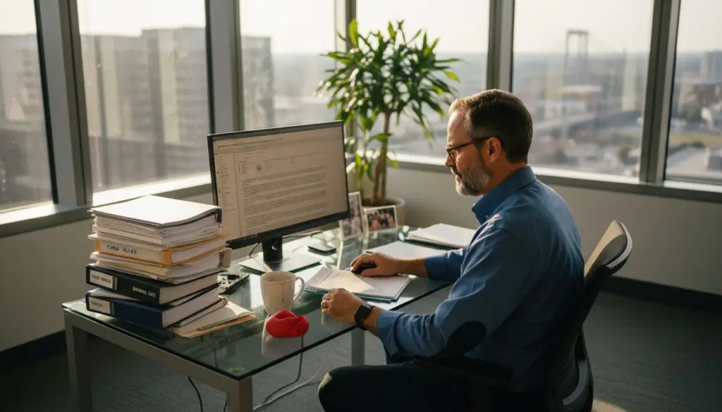 Compliance officer reviewing PDF documents in corner office