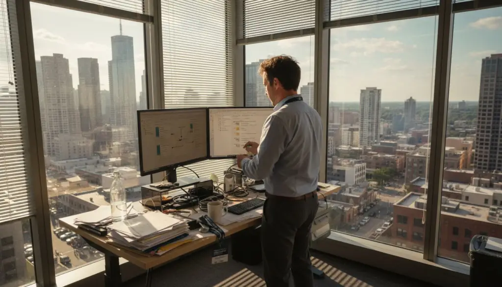 Manager automating PDF tasks at standing desk