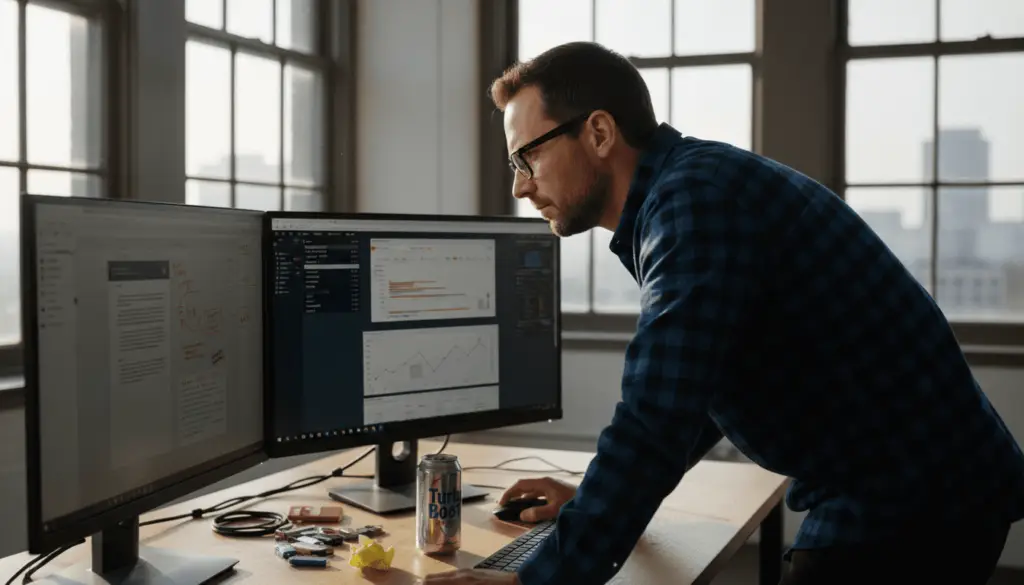 IT manager reviews automated PDF workflow at desk