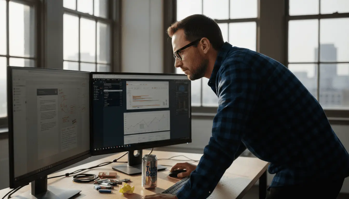 IT manager reviews automated PDF workflow at desk