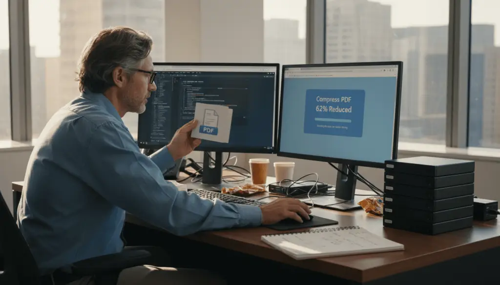 IT manager compressing PDF files in office