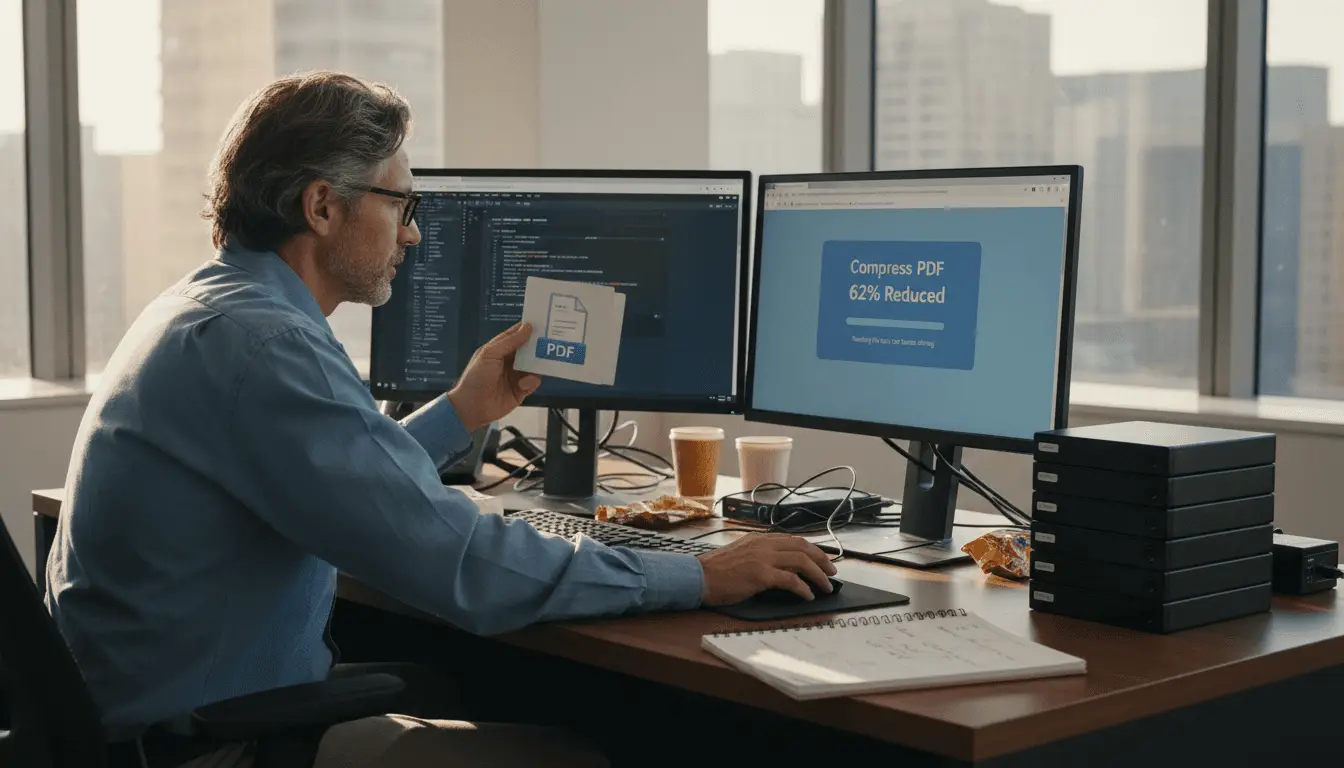 IT manager compressing PDF files in office