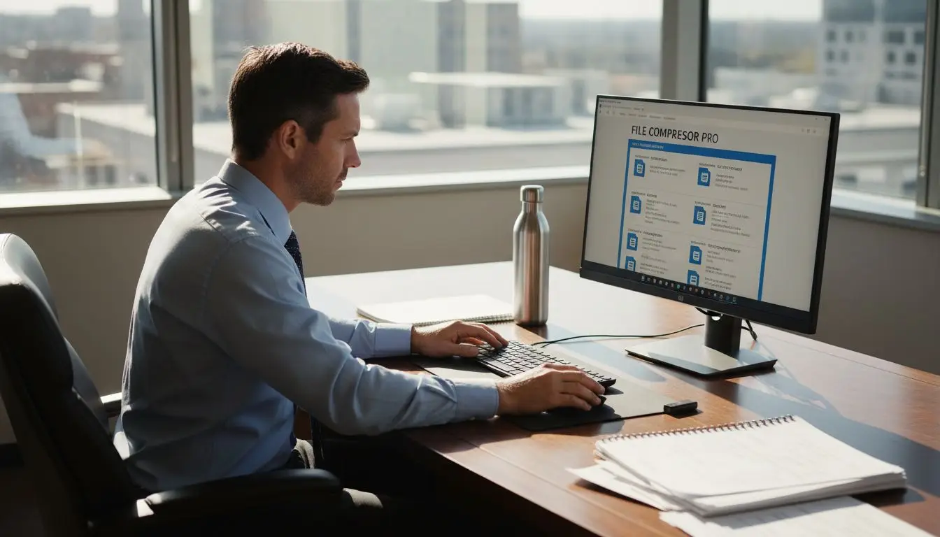 Man using PDF compressor in busy office