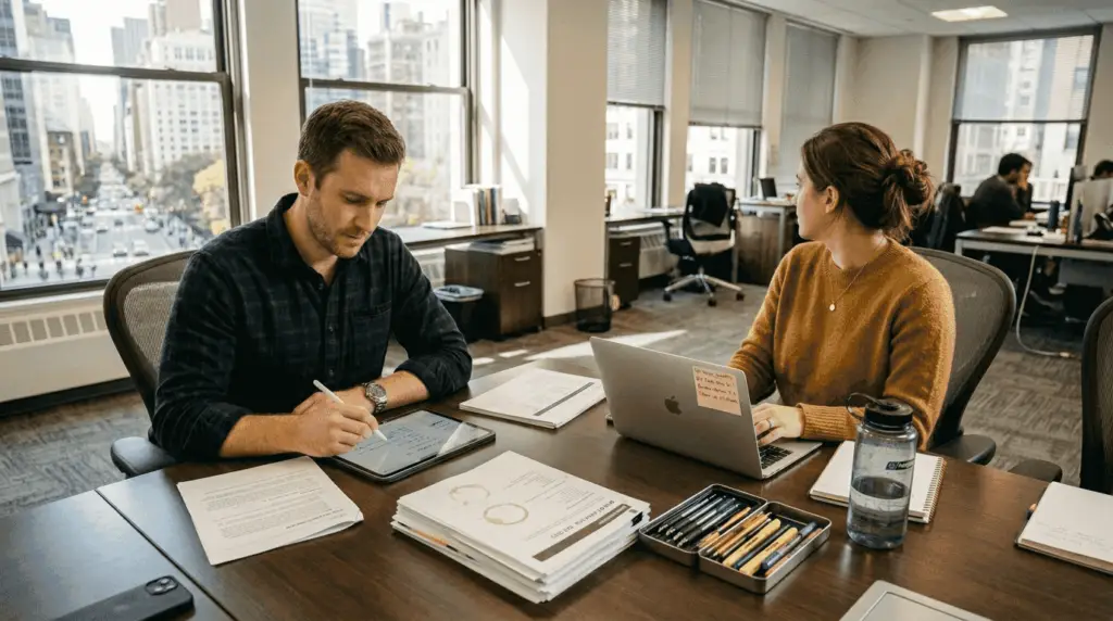 Team collaborating on PDF documents in office
