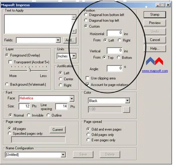 positioning and angle of a pdf text stamp on the page